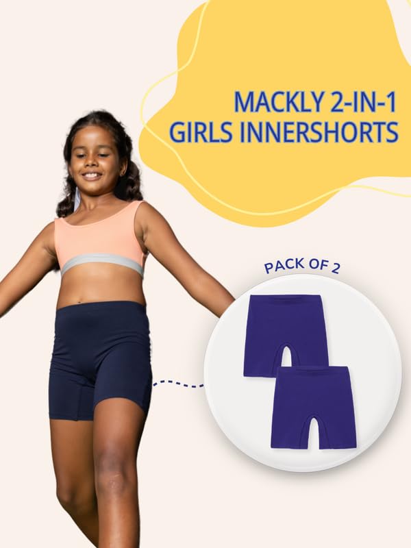 Image of mackly Girls Inner Shorts (Pack of 2) | 2-in-1 Seamless Panty Shorts with Gusset | Soft Breathable Base Layer for Dresses, Skirts