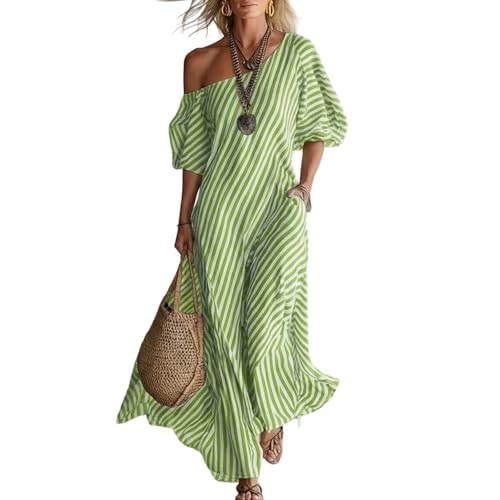 Robe longue en lin décontractée à rayures asymétriques pour les vacances