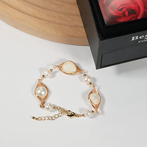 Cowlyn Pearl Bracelet Braided 14K Gold Wire Wrap Cultured Baroque Pearl Bohemian Dainty Delicate Fashion Handmade Mom Jewelry For Women Girls #TOP5