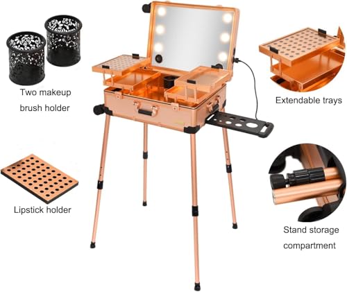 Image of Adson Rolling Makeup Trolley Makeup Box Case Train Vanity Case Storage Hairdressing Organiser for Salon, Artist Aluminum Cosmetic Storage Organizer with Light and Mirror (Rose Gold)