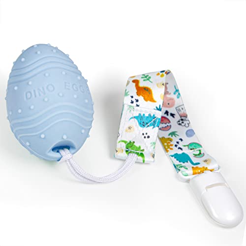 Image of DINO EGGIE Dinosaur Egg Baby Teething Toy Rattle Teether, Made with 100% Food-Grade Silicone for Infant Boys Girls 2m+ (Blue)
