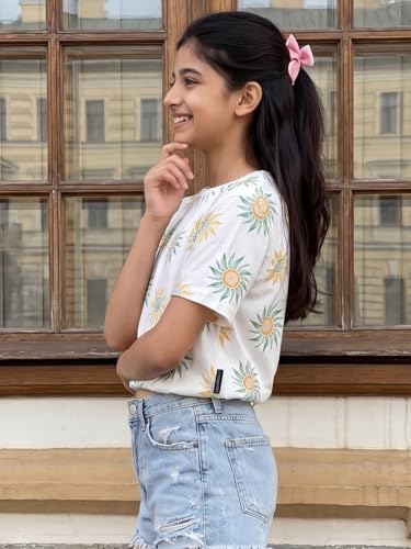 Image of Li'l Tomatoes Girls 100% Cotton Printed Top | Half Sleeve Casual Summer Top for Girls | Soft & Breathable Everyday Wear | Floral Sunflower Print | 9-16 Years