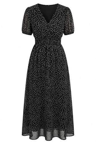 Image of Holipick Women Summer Casual Dress Wedding Guest V Neck Short Sleeves Smocked Waist Chiffon Swing Knee Length Midi Dresses
