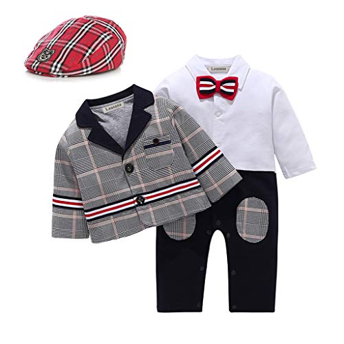 Lausana Baby Boy Gentleman Outfits Suits Long Sleeve Jumpsuit + Vest +Berets +