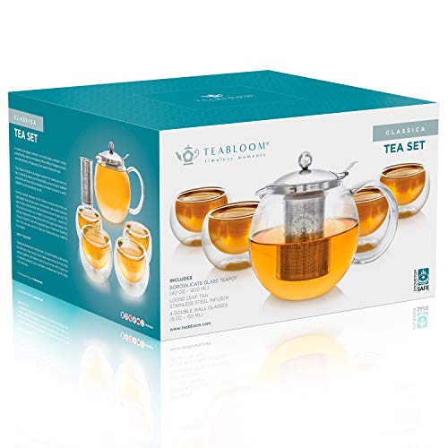 Teabloom Stovetop Safe Glass Teapot With Removable Infuser (40Oz/1200Ml) And Four Double Walled Glass Cups (5Oz/150Ml) - Classica Tea Set #TOP6