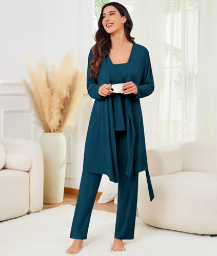 Image of SWOMOG Maternity Nursing Robe Set 3 Piece Breastfeeding Pajamas 3 in 1 Labor Delivery Sleevless Tops&Long Pants Pregnancy Pjs