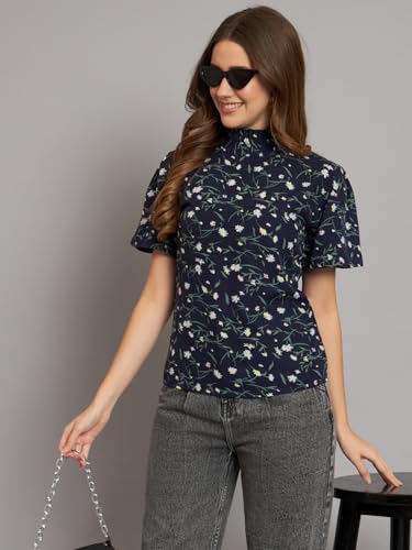 Image of THE DRY STATE Women's Rayon Casual Puff Sleeves Printed Multicolor Crop Top (S, Autumn Glory)
