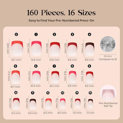 Image of Beetles X Press Red French Tip Press On Nails | 5 Colors Press On Nail Short Square | 16 Sizes 160 Pcs Natural Salon Quality Soft Gel Nail