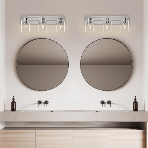 Image of Bathroom Vanity Light, 3 Light Brushed Nickel Bathroom Light Fixture with Thickened Seeded Glass Shade, 24 inch Modern Vanity Lights, Bathrooms Lights Fixture Over Mirror