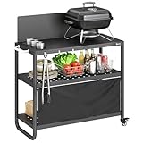 Outsunny Chariot de Barbecue en Acier 100x46x110cm avec Pare vent   Desserte de Jardin 3 Niveaux Mobile avec Rideau Oxford   Station de Cuisson pour Plancha et Four à Pizza avec Rangement, Noir