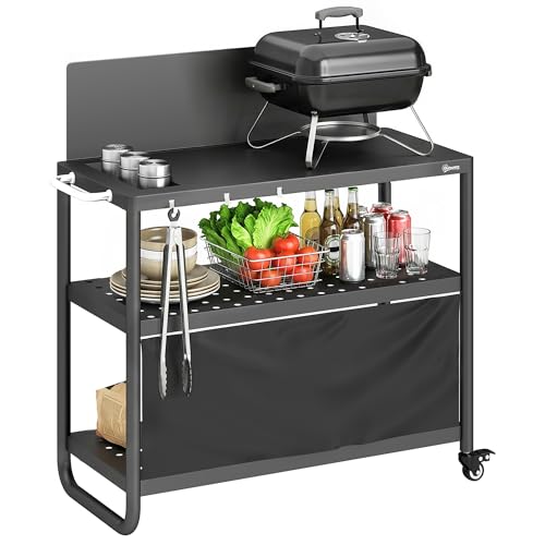 Outsunny Chariot de Barbecue en Acier 100x46x110cm avec Pare-vent - Desserte de Jardin 3 Niveaux Mobile avec Rideau Oxford - Station de Cuisson pour Plancha et Four à Pizza avec Rangement, Noir