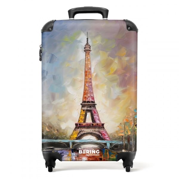 NoBoringSuitcases.com® Koffer Handgepäck Trolley Rollkoffer Kleine Reisekoffer mit 4 Rollen - Eiffelturm - Ölgemälde - Paris - 55x35x20cm - Fotokoffer - Kabinenkoffer - Boardgepäck