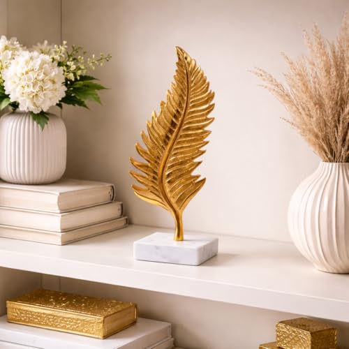 Image of CraftVatika Metal Golden Leaf on Marble Base Showpiece, Deorative Showpiece Items for Living Room Tabletop Items for Home Decor, Metal Entire Leaf Figurine Office Decor Housewarming