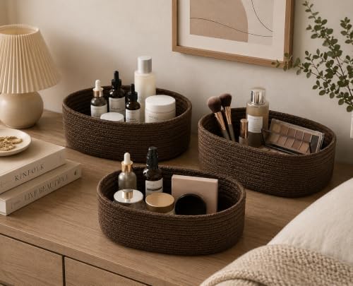Image of 100% Natural Jute small box mini rope paper storage Round hamper baby nursery tray bucket for Living Kitchen, Drawing Room,fruits, kitchen, office, (brown 3 set)