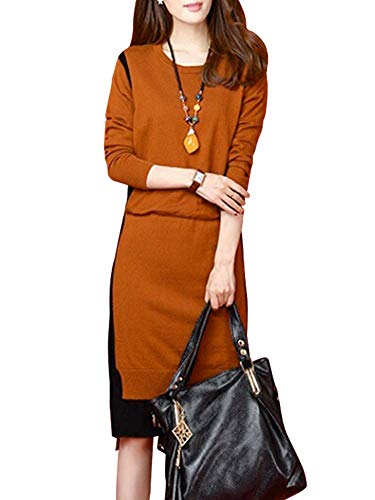 [ニーマンバイ] バイカラー ニット ワンピース セットアップ 風 長袖 膝丈 ドレス 大人 タイト 重ね着 キレイメ ルーム ルームウェア ルームウエア 長め iライン シルエット ゆる ママ 会 ファッション 部屋着 二次会 ビジネス ベーシック ブラウン ベージュ セーター スモック わんぴ アッタカ 暖かい 暖か アタタカイ やわらか 重ね着風 ニットワンピ キャメル C174-CAS