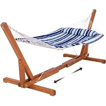 SUNCREAT Cotton Rope Hammock for Two People with Hardwood Spreader Bars, Quilted Fabric Pad & Detachable Pillow, Extra Large Hammock with Wooden Stand, Blue Stripe
