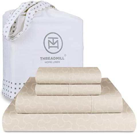 Threadmill Cotton Queen Sheet Set | 500 Thread Count 100% Cotton Sheets for Queen Size Bed | Damask Jacquard Queen Bed Sheets Set with 16” Deep Pocket Fitted | Soft Sateen Cooling Bedding Set | Beige