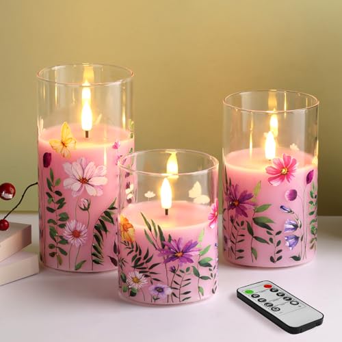Eywamage Pink Floral Glass Flameless Pillar Candles with Remote Set of 3