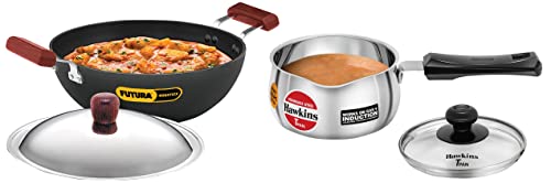 Image of Hawkins Futura INK35S Aluminium Nonstick Induction Flat Bottom Kadhai with Stainless Steel Lid (3.5 L) & Stainless Steel Induction Compatible TPan with Glass Lid, 1 Litre, 0.9 mm