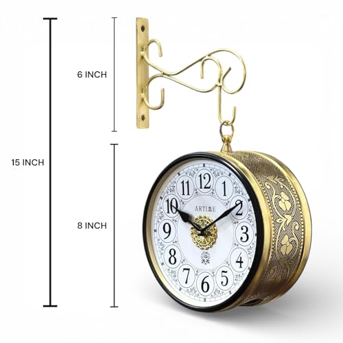 Image of Handcrafted Double Side Metal Analog Vintage Wall Clock | 1.5 Year Machine Warranty | 8 INCHES | 1 Side Number 1 Side Roman,Color Golden