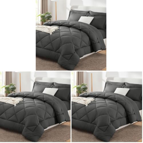 Image of CozyLux King Size Comforter Set Dark Grey - 7 Pieces Bed in a Bag King, Luxury Soft Bed Set for All Seasons, Bedding Set with Down Alternative Comforter, Sheets, Pillowcases & Shams (Pack of 3)