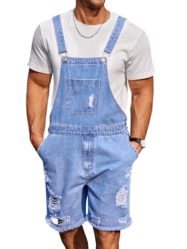 Runcati Mens Denim Shorts Bib Overall Loose Fit Ripped Jeans Adjustable Straps Summer Workwear Jumpsuit