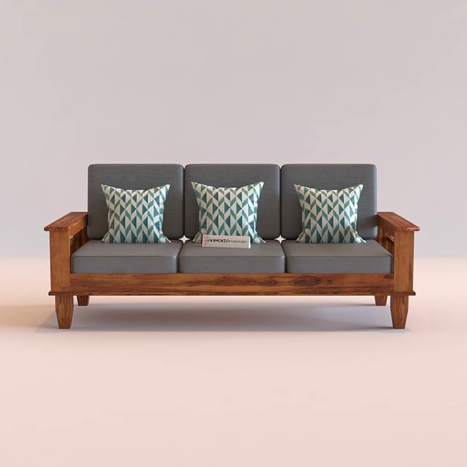 Image of Sheesham Wooden 3 Seater Sofa for Living Room | Rosewood 3 Seater Cushion Sofa with Side Newspaper Holder for Home & Office | Solid Wood Sofa Set for Lounge (Honey Finish)