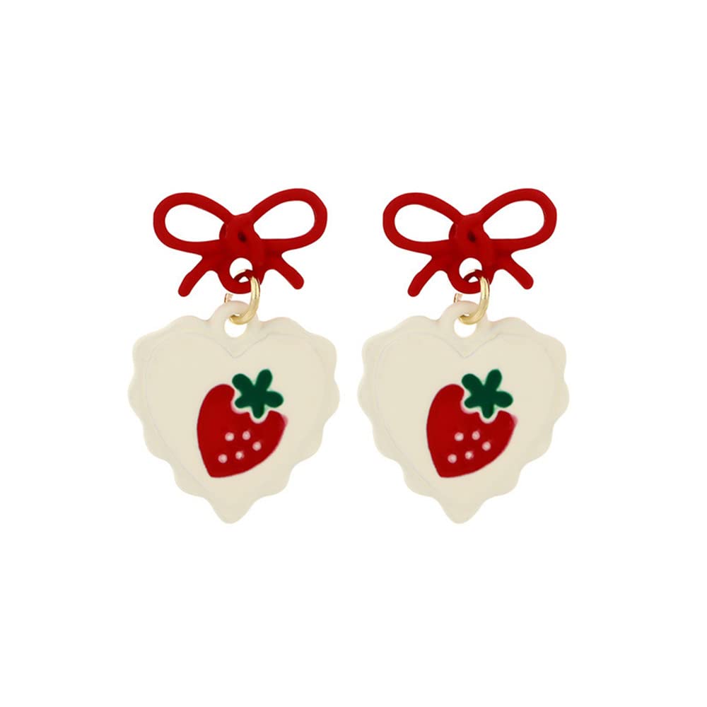 JOYA GIFT Cute Strawberry Earrings Sweet Fresh Red Ribbon Bow Dangle Earrings Funny Small Fruit Fashion Drop Earrings for Women Girls