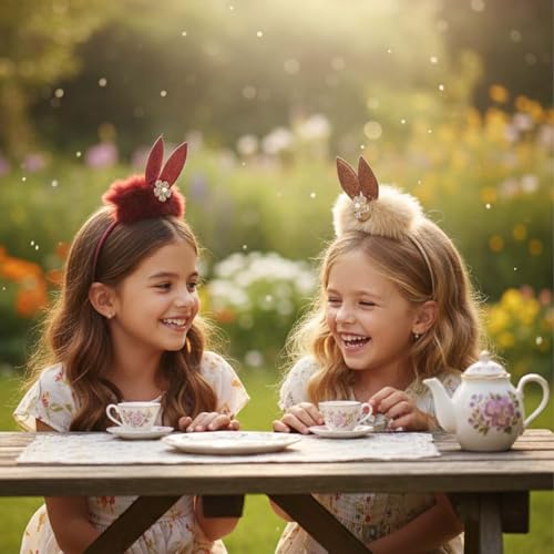 Image of Alvero 1Pc Fluffy Bunny Ear Hairband for Girls, Soft Faux Fur Headbands with Glitter Ears & Floral Design - Cute Kids Hair Band for Party, Birthday (Any Random Color)