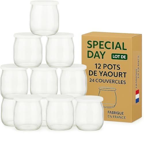 SPECIAL-DAY Set di 12 vasetti da yogurt in vetro con 24 coperchi ermetici senza BPA - Made in France - per yogurtiera - Robot - Multicooker (Thermomix, SEB, TM5 / 6, cookéo ecc.) - 143 ML / 125 GR