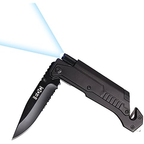 TRS 5N1 EDC Tactical Folding Knife, LED Flashlight, Ferro Fire Starter Rod, Glass Breaker, Seatbelt Cutter, 3in Razor Sharp Serrated Blade, Pocked Clip, Wilderness Survival Cover