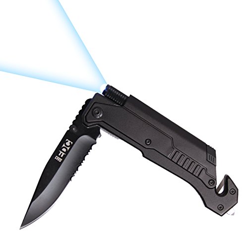 TRS 5N1 EDC Tactical Folding Knife, LED Flashlight, Ferro Fire Starter Rod, Glass Breaker, Seatbelt Cutter, 3in Razor Sharp Serrated Blade, Pocked Clip, Wilderness Survival - TRS