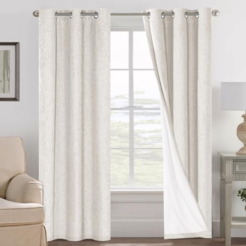 Image of H.VERSAILTEX Ivory Curtains Blackout, 100% Blackout Linen Curtains with White Thermal Insulated Liner, Grommet Drapes Blackout Curtains for Living Room (2 Panels, 42 x 84 Inch, Ivory)
