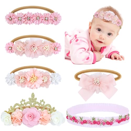 Dizila 6 Pieces Super Soft Stretchy Pink White Baby Girl Bow Flower Nylon Headbands Floral Lace Headbands Hair Accessories for Newborns Infants Toddlers Girls Kids