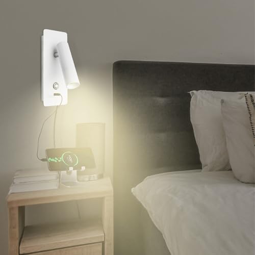 Aplique de pared LED con puerto USB y foco de rotación blanca para iluminar el salón