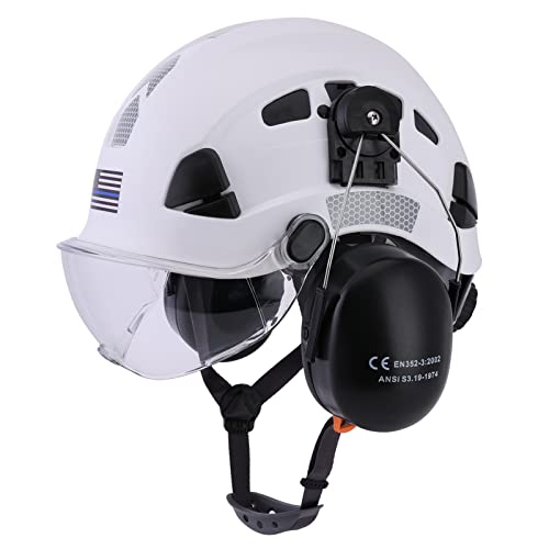 LOHASTAR Safety Helmet Hard Hat with Visor and Hearing Protection Vented ANSI Z89.1 Approved Work Helmet for Forestry Chainsaw Arborist Logging Helmet(White+Clear Visor+Earmuff)