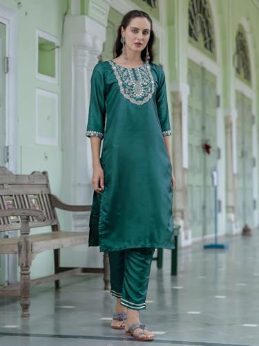 Image of VredeVogel Women's Silk Blend Embroidered Kurta with Pant & Dupatta Set
