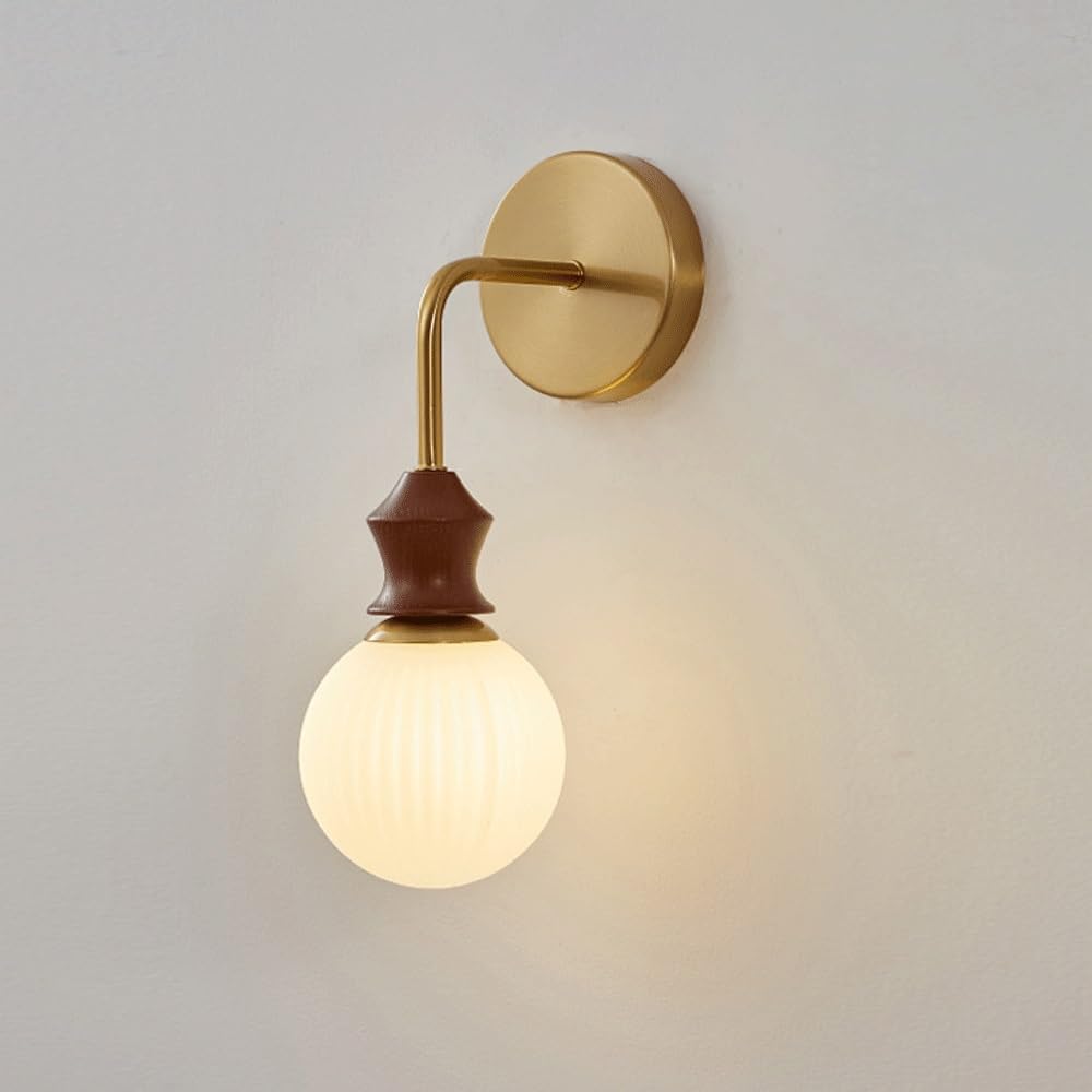 HPTHLY Mid-Century Globe Wall Sconce - Minimalist Bedside Lamp With Walnut Rubber Wood Accent, White E Fixture For Bedroom & Hallway Decor - Slish Lighting