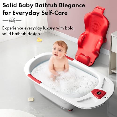 Image of StarAndDaisy Baby Bath tub for 0 to 5 Years with Temperature Sensor /Bath tub for Kids 0-3 Years for Kids with Anti-Slip Legs /Bath tub for Baby with Baby Bather Without Wheel(White-Red)