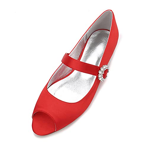 Damen Sommer Peep Zehen Satin Ballerinas Mode Party Knöchelriemen Flats Hochzeits Brautschuh Abendschuhe Sandalen,Rot,37 EU Cover