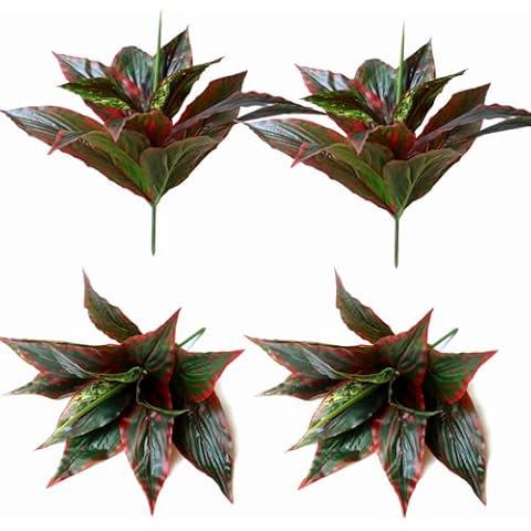 4PCS Artificial Plants for Indoor Outdoor Home Decoration Fake Greenery Leaves Plastic Grass Flowers, UV Resistant, Faux Shrubs Bushes for Pots, Wall, Front Porch, Hanging Planter, Office, Garden Cover