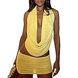Mylleure Sheer Mesh 2 Piece Outfits for Women Summer Sexy Sleeveless Cowl Neck Halter Tank Top Bodycon Ruched Mini Skirt Set (Yellow, M)