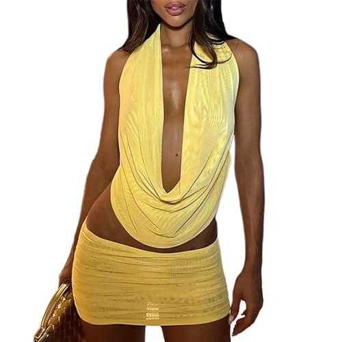 Mylleure Sheer Mesh 2 Piece Outfits for Women Summer Sexy Sleeveless Cowl Neck Halter Tank Top Bodycon Ruched Mini Skirt Set (Yellow, M)