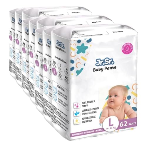 Image of Jr. Sr. Baby Diaper Pants | Large (L) Size (9-14 kg), 186 Count | Pack of 9 | Upto 12 hr Absorption with Advanced Leak Protection | Safe For Babies Skin | Soft, Secure & Comfy