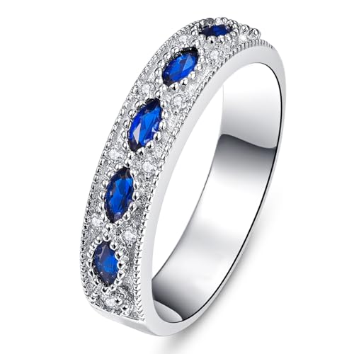 3.5ct Round Cut Cubic Zirconia Wedding Ring Set with Created Blue Sapphire Women's Bridal Rings Sets White Gold Plated Engagement Anniversary Ring for Grandma, Mother,Gift for Her Size 5-10