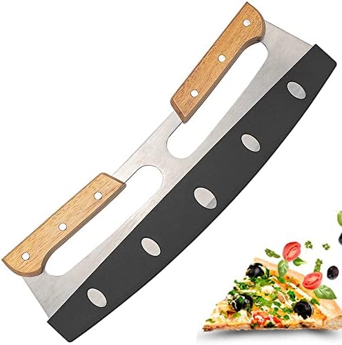 Two-Handed Pizza Cutter Two-sided Grip Ensures Stability and Control to Easily Cut Crepes and Thick-Bottomed Pizzas (Wooden Handle)