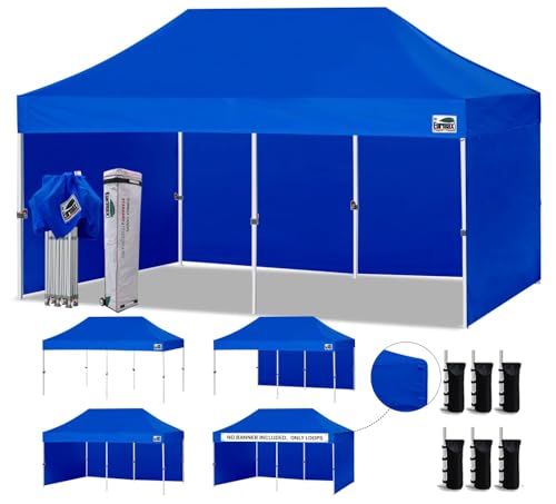 Image of Eurmax USA 10x20 Pop Up Canopy Tent,Commercial Tent with Patented No-Tip Rolling Bag,4 Zippered Removable Walls,UV & Water Resistant Canopy Top,Heavy Duty Outdoor Gazebo,Instant Shelter(Blue)