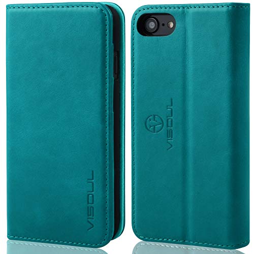 VISOUL Wallet Case For iPhone 7/8/iPhone SE 2022/2020, Italy Genuine Leather Magnetic Closure kickstand Card Holder Flip Folio Protective Cover For iPhone 7/iPhone 8 /iPhone SE 2022/2020 Mint Blue