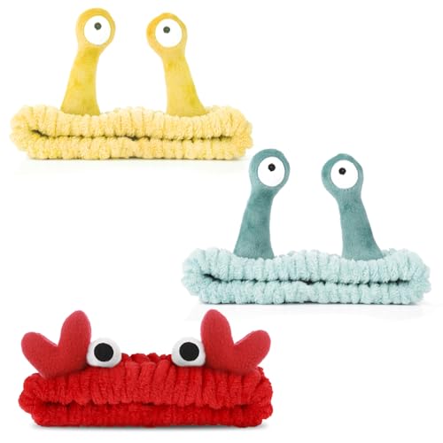 WLLHYF 3 Pack Spa Headband Face Wash Hairband Facial Makeup Head Wraps Cartoon Elastic Head Band Cute Frog Snail Crab Shower Headband Creative Hair Accessories for Beauty Skincare Sports