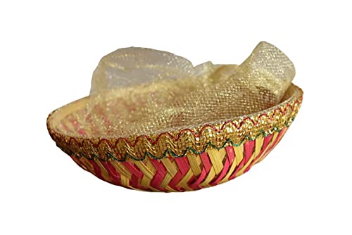 Image of Bamboo Multipurpose Round Shape Designer with net Room Wedding Gift Packing Gift Packing Basket (Set of 2) (24X24X8 cm)